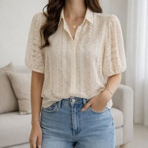Esqualo White Lace Button-Up Blouse Puff Sleeve